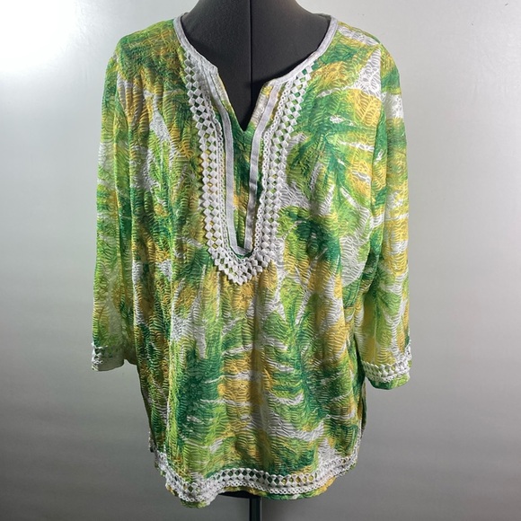 Alford Dunner Top Women Size Large Green & Yellow Long Sleeve V Neck - Picture 1 of 9